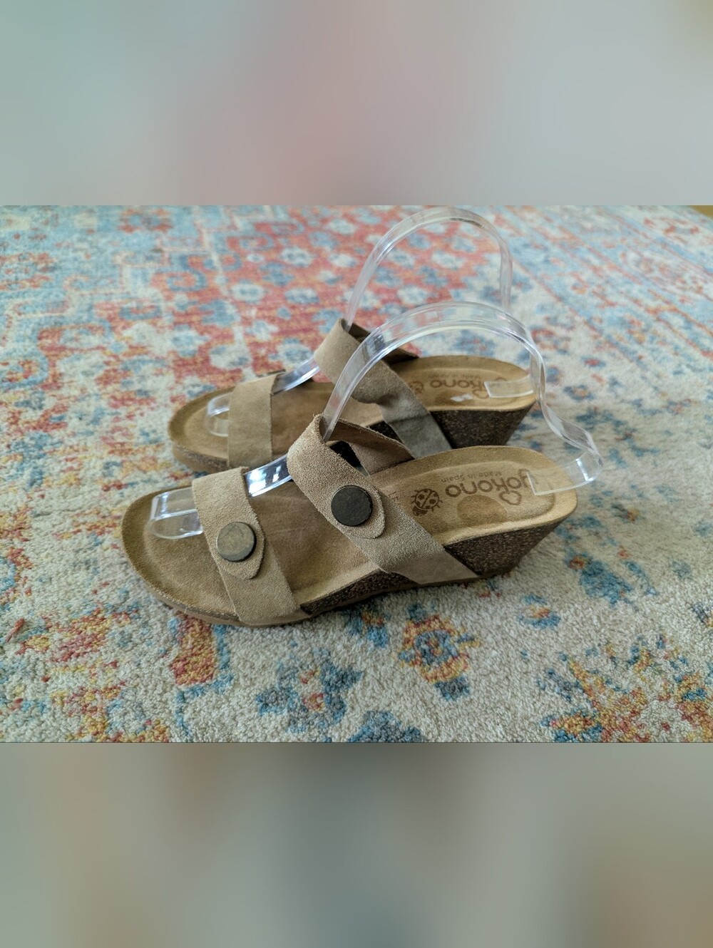 Yokono Double Strap Wedge Heel Sandals Women's 7.5 Tan Suede Leather Comfort
